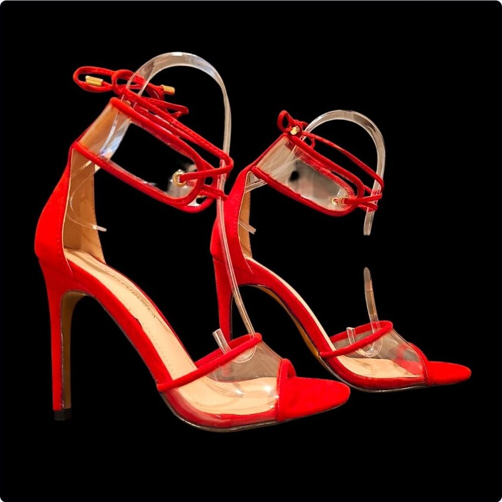 Red Strappy High Heel Sandals With Clear PVC & Ankle Tie Detail Elegant Evening - Picture 4 of 9